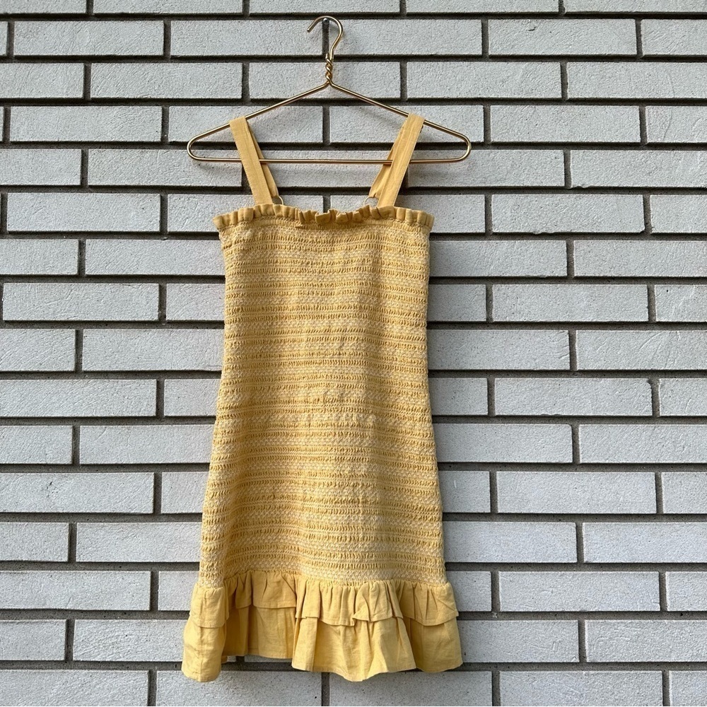 American Eagle Yellow Smocked Linen Mini Dress Ruffle Hem Summer Bodycon XS - Picture 2 of 9